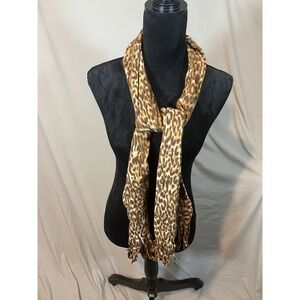Womens Leopard Print Fleece Scarf Brown Tan Animal Pattern Fringe Long Wrap